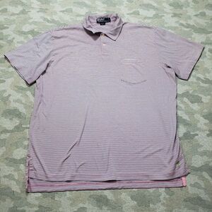 Polo Ralph Lauren Polo Shirt Mens Large Pink Blue Striped Short Sleeve‎ Gold...
